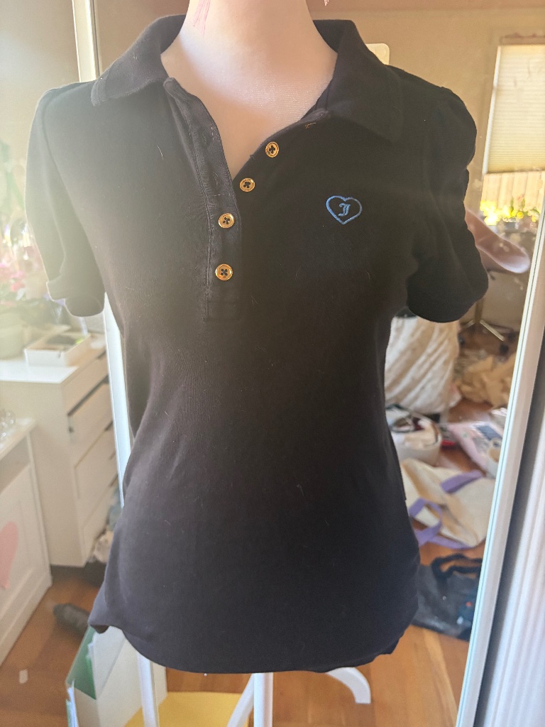 Vintage Juicy Couture Black Puff Sleeve Polo Shirt Blue Embroidered Heart Logo